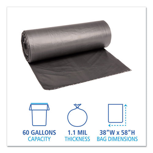 Image of Boardwalk® Low-Density Waste Can Liners, 60 gal, 1.1 mil, 38" x 58", Gray, Perforated Roll, 20 Bags/Roll, 5 Rolls/Carton