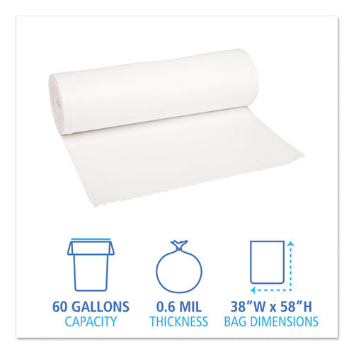 Image of Boardwalk® Low-Density Waste Can Liners, 60 gal, 0.6 mil, 38" x 58", White, Perforated Roll, 25 Bags/Roll, 4 Rolls/Carton