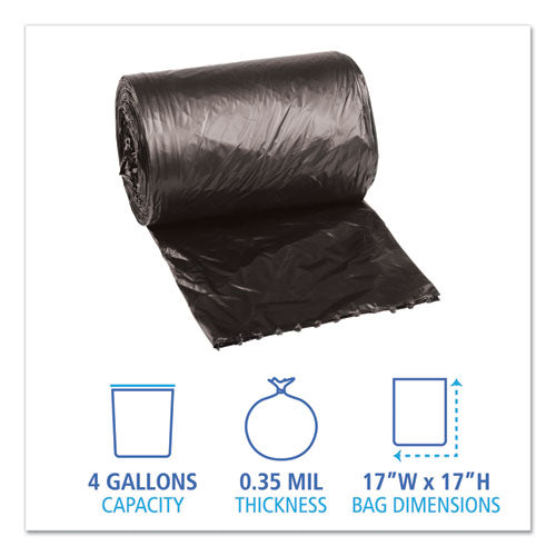 Image of Boardwalk® Low-Density Waste Can Liners, 4 gal, 0.35 mil, 17" x 17", Black, Perforated Roll, 50 Bags/Roll, 20 Rolls/Carton