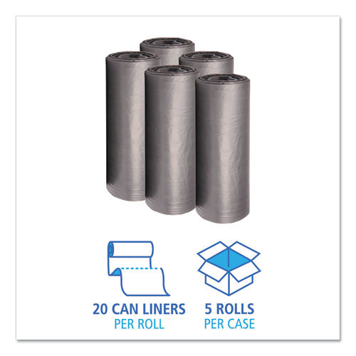 Image of Boardwalk® Low-Density Waste Can Liners, 60 gal, 1.1 mil, 38" x 58", Gray, Perforated Roll, 20 Bags/Roll, 5 Rolls/Carton