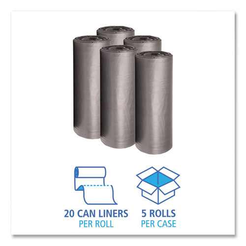 Image of Boardwalk® Low-Density Waste Can Liners, 56 gal, 1.1 mil, 43" x 47", Gray, Perforated Roll, 20 Bags/Roll, 5 Rolls/Carton