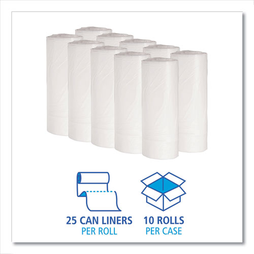Image of Boardwalk® Low-Density Waste Can Liners, 10 gal, 0.4 mil, 24" x 23", White, Perforated Roll, 25 Bags/Roll, 20 Rolls/Carton