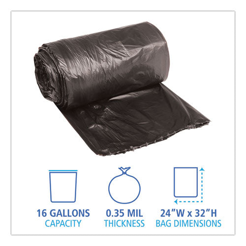 Image of Boardwalk® Low-Density Waste Can Liners, 16 gal, 0.35 mil, 24" x 32", Black, Perforated Roll, 50 Bags/Roll, 10 Rolls/Carton