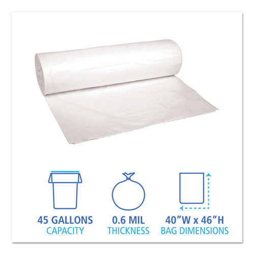 Image of Boardwalk® Low-Density Waste Can Liners, 45 gal, 0.6 mil, 40" x 46", White, Perforated Roll, 25 Bags/Roll, 4 Rolls/Carton