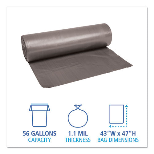 Image of Boardwalk® Low-Density Waste Can Liners, 56 gal, 1.1 mil, 43" x 47", Gray, Perforated Roll, 20 Bags/Roll, 5 Rolls/Carton