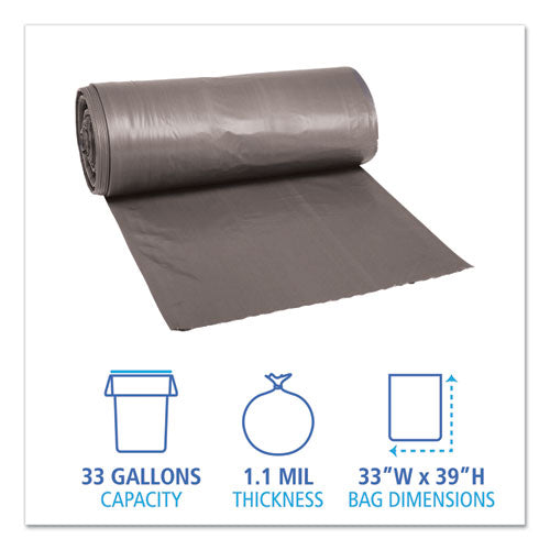 Image of Boardwalk® Low-Density Waste Can Liners, 33 gal, 1.1 mil, 33" x 39", Gray, Perforated Roll, 25 Bags/Roll, 4 Rolls/Carton