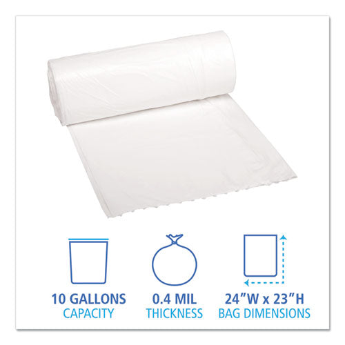 Image of Boardwalk® Low-Density Waste Can Liners, 10 gal, 0.4 mil, 24" x 23", White, Perforated Roll, 25 Bags/Roll, 20 Rolls/Carton