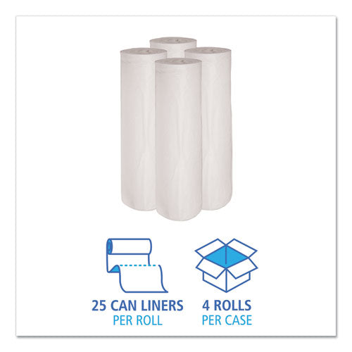 Image of Boardwalk® Low-Density Waste Can Liners, 45 gal, 0.6 mil, 40" x 46", White, Perforated Roll, 25 Bags/Roll, 4 Rolls/Carton