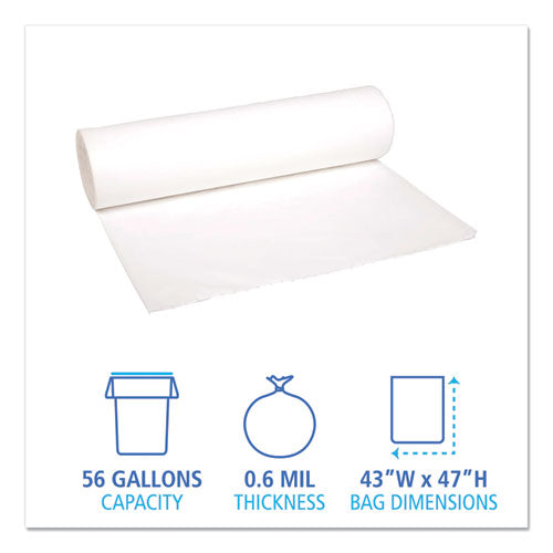 Image of Boardwalk® Low-Density Waste Can Liners, 56 gal, 0.6 mil, 43" x 47", White, Perforated Roll, 25 Bags/Roll, 4 Rolls/Carton