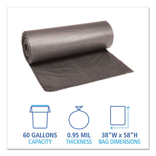 Image of Boardwalk® Low-Density Waste Can Liners, 60 gal, 0.95 mil, 38" x 58", Gray, Perforated Roll, 25 Bags/Roll, 4 Rolls/Carton