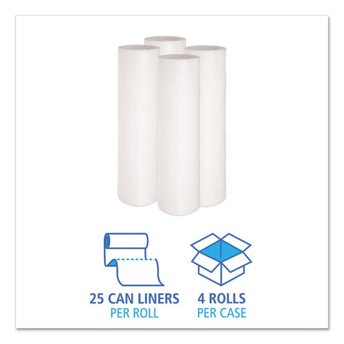 Image of Boardwalk® Low-Density Waste Can Liners, 56 gal, 0.6 mil, 43" x 47", White, Perforated Roll, 25 Bags/Roll, 4 Rolls/Carton