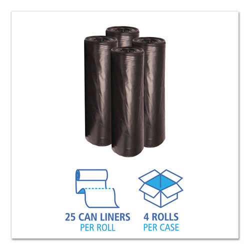 Image of Boardwalk® Low-Density Waste Can Liners, 56 gal, 0.6 mil, 43" x 47", Black, Perforated Roll, 25 Bags/Roll, 4 Rolls/Carton