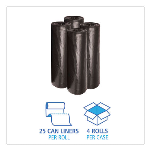 Image of Boardwalk® Low-Density Waste Can Liners, 45 gal, 0.6 mil, 40" x 46", Black, Perforated Roll, 25 Bags/Roll, 4 Rolls/Carton