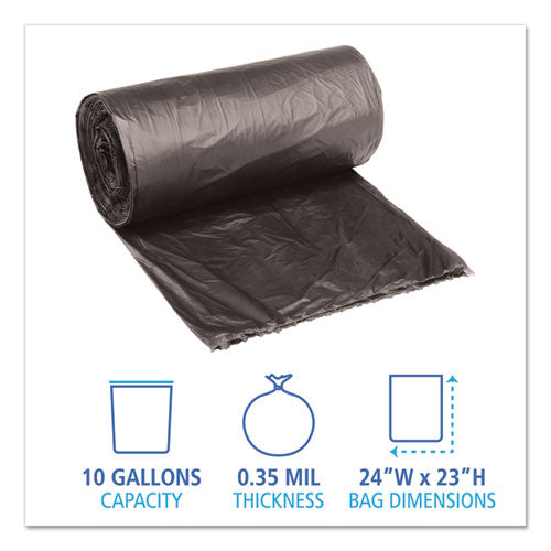 Image of Boardwalk® Low-Density Waste Can Liners, 10 gal, 0.35 mil, 24" x 23", Black, Perforated Roll, 50 Bags/Roll, 10 Rolls/Carton