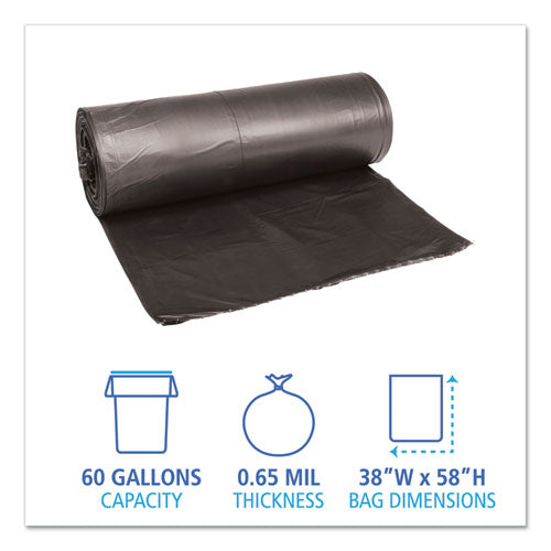 Image of Boardwalk® Low-Density Waste Can Liners, 60 gal, 0.65 mil, 38" x 58", Black, Perforated Roll, 25 Bags/Roll, 4 Rolls/Carton