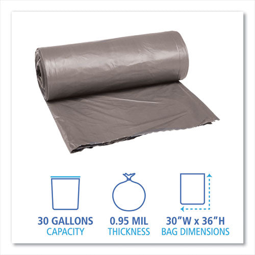 Image of Boardwalk® Low-Density Waste Can Liners, 30 gal, 0.95 mil, 30" x 36", Gray, Perforated Roll, 25 Bags/Roll, 4 Rolls/Carton