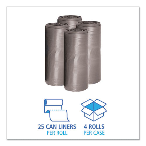 Image of Boardwalk® Low-Density Waste Can Liners, 33 gal, 1.1 mil, 33" x 39", Gray, Perforated Roll, 25 Bags/Roll, 4 Rolls/Carton