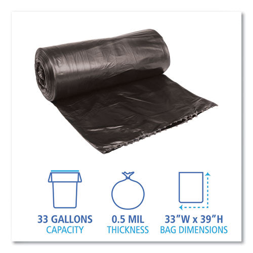 Image of Boardwalk® Low-Density Waste Can Liners, 33 gal, 0.5 mil, 33" x 39", Black, Perforated Roll, 25 Bags/Roll, 8 Rolls/Carton