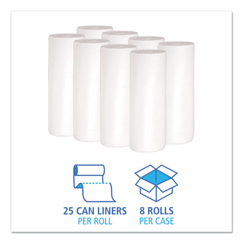 Image of Boardwalk® Low-Density Waste Can Liners, 30 gal, 0.6 mil, 30" x 36", White, Perforated Roll, 25 Bags/Roll, 8 Rolls/Carton