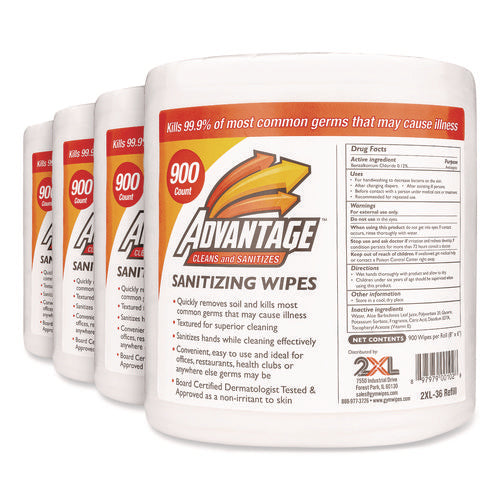 Image of 2XL Gym Wipes Advantage, 1-Ply, 6 x 8, Unscented, White, 900/Roll, 4 Rolls/Carton