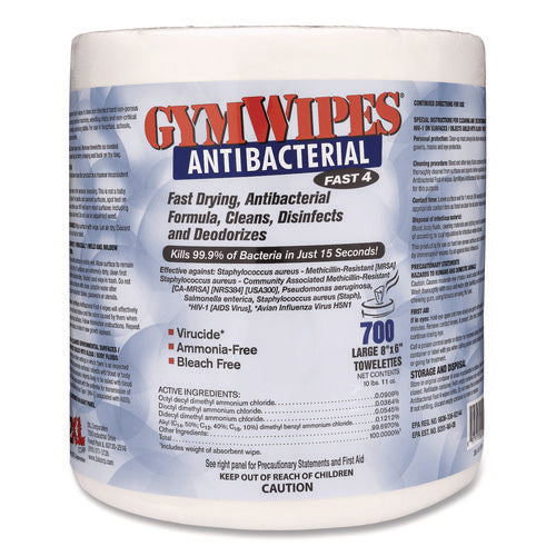 Image of 2XL Antibacterial Gym Wipes Refill, 1-Ply, 6 x 8, Unscented, White, 700 Wipes/Pack, 4 Packs/Carton