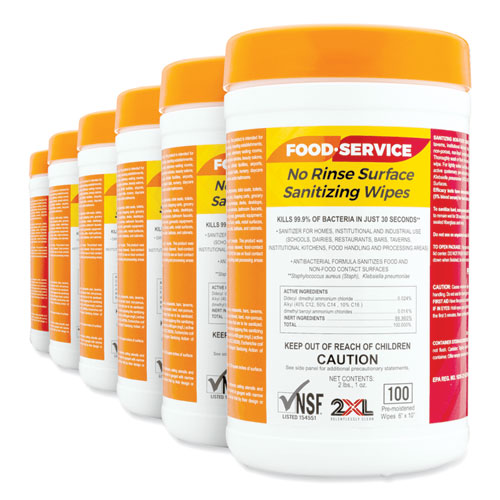 Image of 2XL Food Service No Rinse Surface Sanitizing Wipes, 1-Ply, 6 x 8, White, 100/Roll, 6 Rolls/Carton