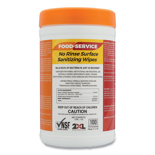 Image of 2XL Food Service No Rinse Surface Sanitizing Wipes, 1-Ply, 6 x 8, White, 100/Roll, 6 Rolls/Carton