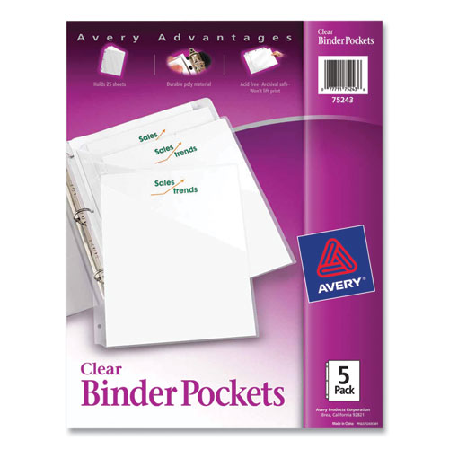 Image of Avery® Binder Pockets, 3-Hole Punched, 9.25 x 11, Clear, 5/Pack