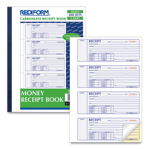 Image of Rediform® Receipt Book, Two-Part Carbonless, 7 x 2.75, 4 Forms/Sheet, 400 Forms Total