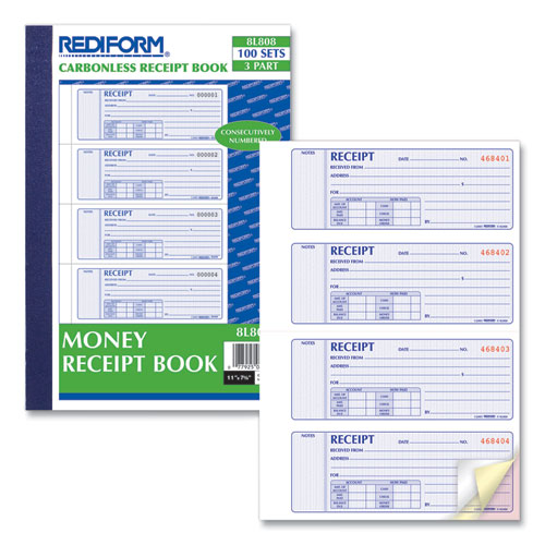 Image of Rediform® Money Receipt Book, Softcover, Three-Part Carbonless, 7 x 2.75, 4 Forms/Sheet, 100 Forms Total
