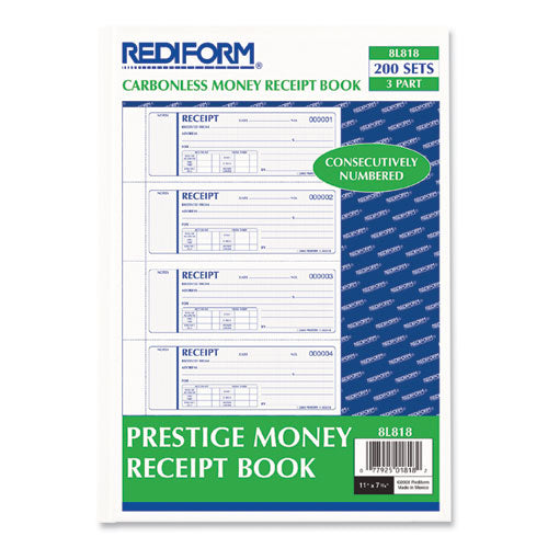 Image of Rediform® Money Receipt Book, Hardcover, Three-Part Carbonless, 7 x 2.75, 4 Forms/Sheet, 200 Forms Total