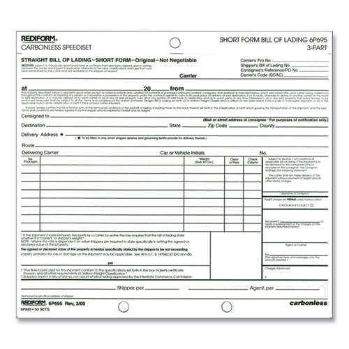 Image of Rediform® Speediset Bill of Lading, Short Form, Three-Part Carbonless, 7 x 8.5, 50 Forms Total