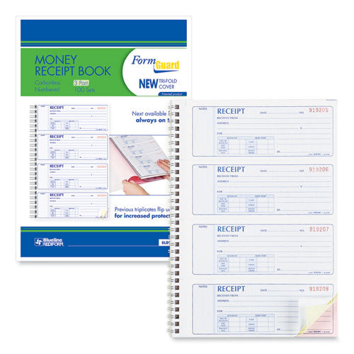 Image of Rediform® Money Receipt Book, FormGuard Cover, Three-Part Carbonless, 7 x 2.75, 4 Forms/Sheet, 100 Forms Total