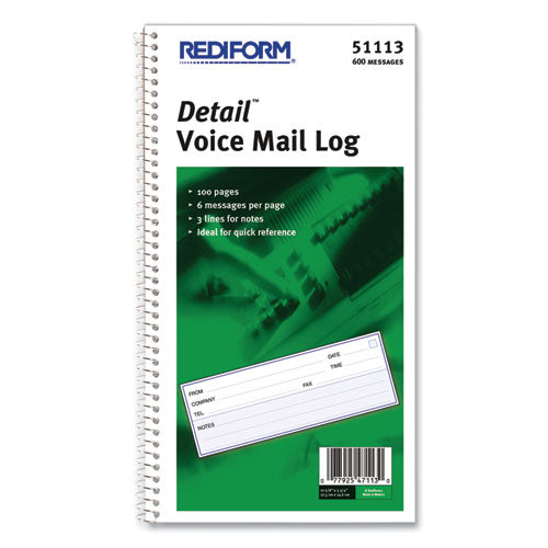 Image of Rediform® Detail Wirebound Voice Mail Log Book, One-Part (No Copies), 5 x 1.63, 6 Forms/Sheet, 600 Forms Total
