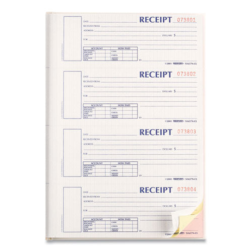 Image of Rediform® Durable Hardcover Numbered Money Receipt Book, Three-Part Carbonless, 6.88 x 2.75, 4 Forms/Sheet, 200 Forms Total