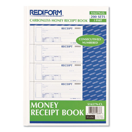 Image of Rediform® Durable Hardcover Numbered Money Receipt Book, Three-Part Carbonless, 6.88 x 2.75, 4 Forms/Sheet, 200 Forms Total