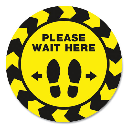 Image of Avery® Social Distancing Floor Decals, 10.5" Dia, Please Wait Here, Yellow/black Face, Black Graphics, 5/pack