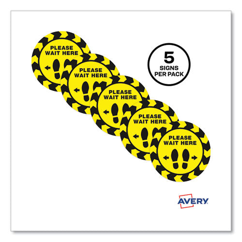 Image of Avery® Social Distancing Floor Decals, 10.5" Dia, Please Wait Here, Yellow/black Face, Black Graphics, 5/pack