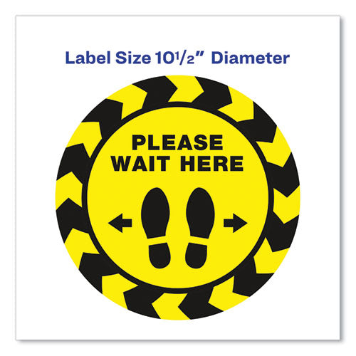 Image of Avery® Social Distancing Floor Decals, 10.5" Dia, Please Wait Here, Yellow/black Face, Black Graphics, 5/pack