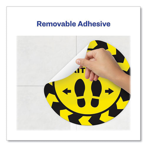 Image of Avery® Social Distancing Floor Decals, 10.5" Dia, Please Wait Here, Yellow/black Face, Black Graphics, 5/pack