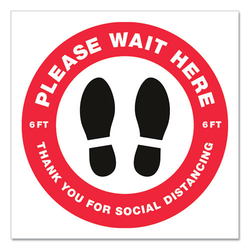 Image of Avery® Social Distancing Floor Decals, 10.5" Dia, Please Wait Here, Red/white Face, Black Graphics, 5/pack