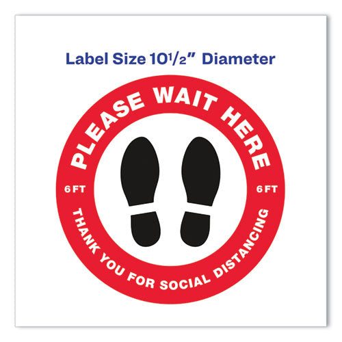 Image of Avery® Social Distancing Floor Decals, 10.5" Dia, Please Wait Here, Red/white Face, Black Graphics, 5/pack