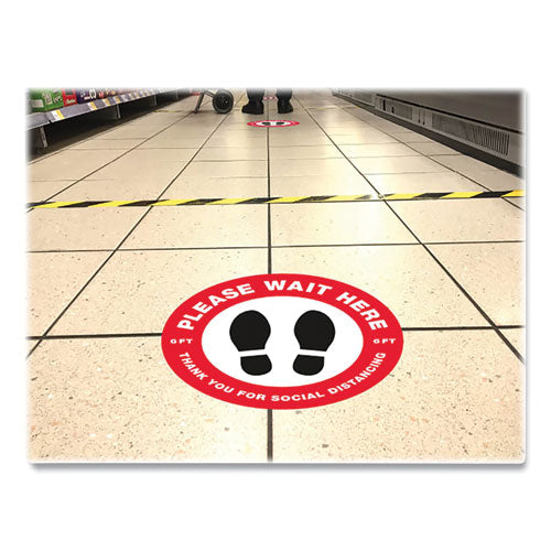 Image of Avery® Social Distancing Floor Decals, 10.5" Dia, Please Wait Here, Red/white Face, Black Graphics, 5/pack