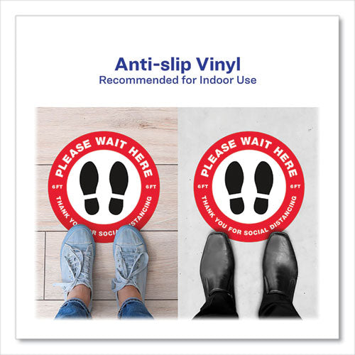 Image of Avery® Social Distancing Floor Decals, 10.5" Dia, Please Wait Here, Red/white Face, Black Graphics, 5/pack