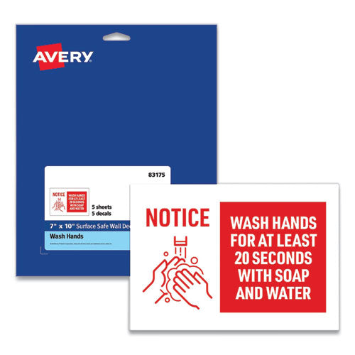 Image of Avery® Preprinted Surface Safe Wall Decals, 10 X 7, Wash Hands For At Least 20 Seconds, White/red Face, Red Graphics, 5/pack