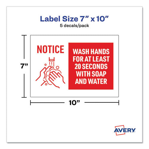 Image of Avery® Preprinted Surface Safe Wall Decals, 10 X 7, Wash Hands For At Least 20 Seconds, White/red Face, Red Graphics, 5/pack