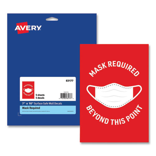 Image of Avery® Preprinted Surface Safe Wall Decals, 7 X 10, Mask Required Beyond This Point, Red Face, White Graphics, 5/pack