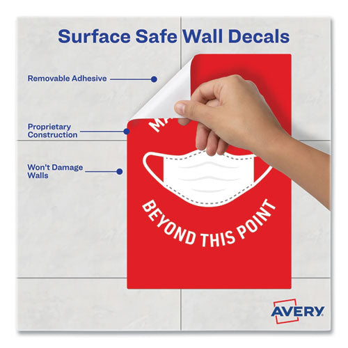Image of Avery® Preprinted Surface Safe Wall Decals, 7 X 10, Mask Required Beyond This Point, Red Face, White Graphics, 5/pack