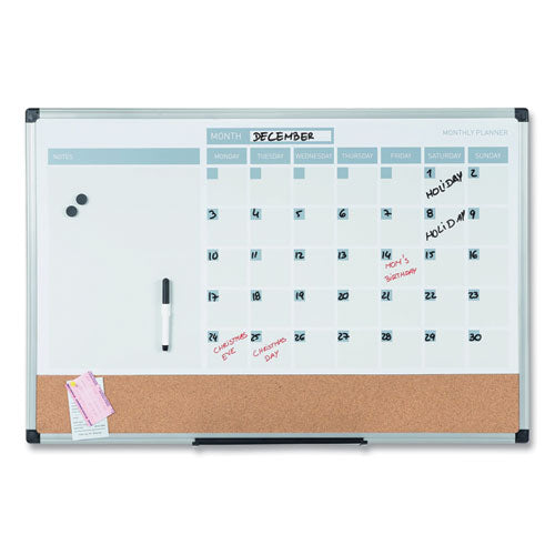 Image of MasterVision® 3-in-1 Planner Board, Monthly Planning/Scheduling Calendar, 24" x 18", Tan/White/Blue Surface, Satin Aluminum Frame