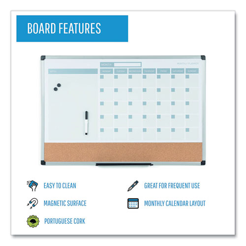 Image of MasterVision® 3-in-1 Planner Board, Monthly Planning/Scheduling Calendar, 24" x 18", Tan/White/Blue Surface, Satin Aluminum Frame